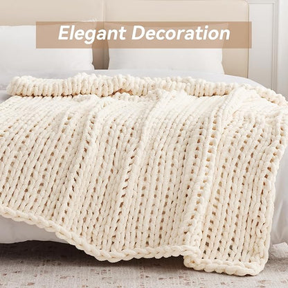 Negwoo Chunky Knit Throw Blanket, 60''*80'' Knitted Throw Chenille Yarn for Bed Couch, Handmade Cream Crochet Big Thick Blanket, Machine Washable Cute Comfy Blanket for Home Decor