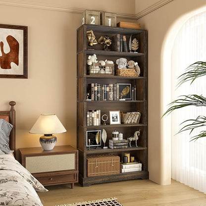 TVU 6-Tier Wooden Book Shelf, Floor-Standing Display Bookcase, 77.2" H x 31.5" W x 11" D Bookshelf, Farmhouse Style Book Case with Arched Base, Suitable for Living Room, Study, Office, Rustic Brown