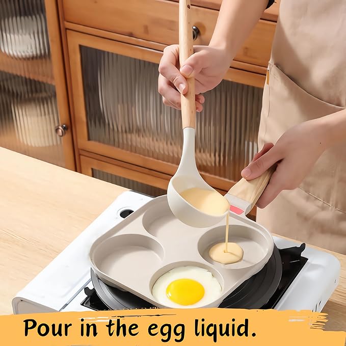 Egg Pan 4 Cup Nonstick Frying Omelette Pan with Lid for Breakfast Skillet for Eggs Pancake with 1 Spatula 1 Brush White