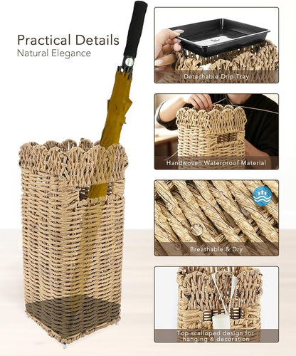 Woven Umbrella Stand for Entryway, PE Rattan Umbrella Holder Basket with Removable Drip Tray, Scalloped Square Cane Stand for Umbrellas, Walking Sticks, Wrapping Paper, Farmhouse Porch Decor, 16.5"