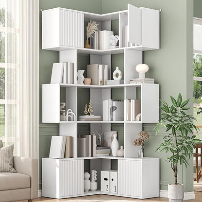 Semoic 71 inch Corner Bookshelf, 5 Tier Storage Bookcase, L-Shaped Cube Bookshelf, Wood Modern Book Shelf Organizer for Living Room/Home Office/Bedroom Display Unit, White