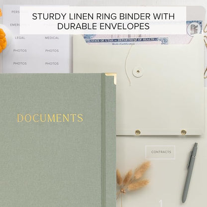 Important Document Organizer Set with Folders - Complete Linen Ring Binder Set Safely Stores All Documents & Files in One Place - Easy to Use Expanding Storage Incl. Envelopes, Pockets & Labels