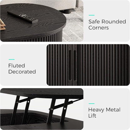 LINSY Lift Top Coffee Table, Oval Fluted Coffee Table with Storage, Mid Century Modern Wooden Coffee Tables with Sliding Tambour Door, 39" Center Table for Living Room, Office, Small Space, Black