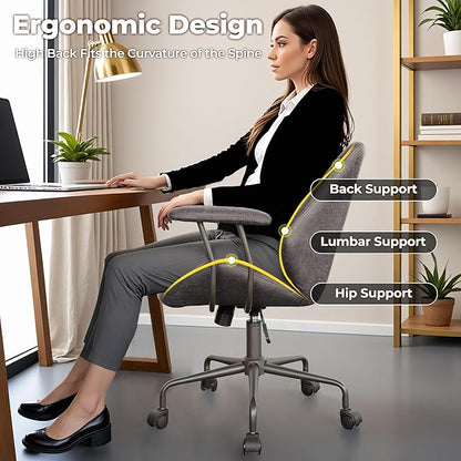 ovios Home Office Chair, Mid-Century Modern Faux Suede Leather Ergonomic Chairs, Mid Back Comfy Computer Swivel Rolling Task Executive Armchair, Grey