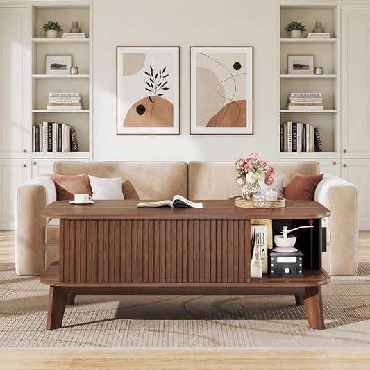 HUAHUU 37.4" Lift Top Coffee Table with Storage, Mid Century Modern Coffee Table with Sliding Fluted Doors for Living Room, Home Office, Walnut