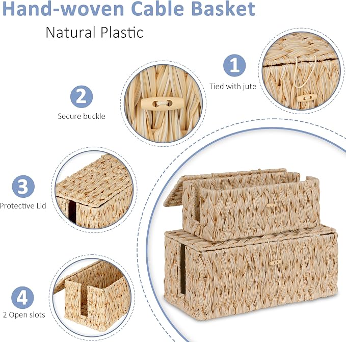 efluky 2 Pack Plastic Cable Management Boxes, Hand-Woven Cord Organizer Box with Lid, 2 Open Slots Cable Organizer Basket to Hide Power Strip and Charger for Home & Office and Dorm,Natural