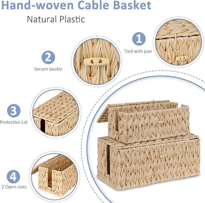efluky 2 Pack Plastic Cable Management Boxes, Hand-Woven Cord Organizer Box with Lid, 2 Open Slots Cable Organizer Basket to Hide Power Strip and Charger for Home & Office and Dorm,Natural