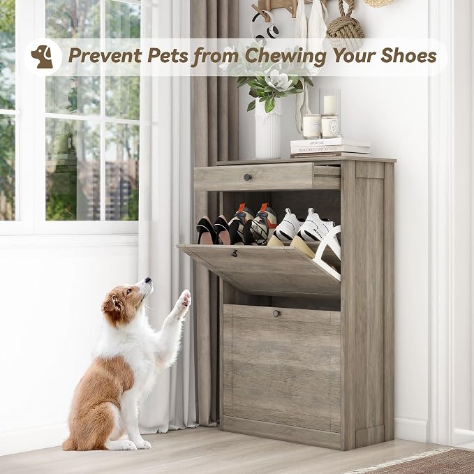 FTZxHKLX Shoe Cabinet with 2 Flip Drawers, Narrow Freestanding Shoe Storage Organizer, Slim Wooden Hidden Shoe Rack for Front Door Entrance, Closet, Hallway, Living Room, Rustic Gray