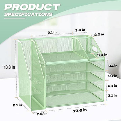 DocNest 5 Tier Paper Letter Tray File Organizer, Mesh Desk File with Handle, Workspace Desk Organizers with Pen Holder, Office Organization Storage Accessories - Green