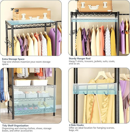 Heavy-Duty Clothes Rack, Expandable Closet Storage Unit with 6 Shelves and 4 Hanger Rods, Freestanding Bedroom Wardrobe Closet, Black