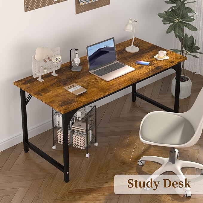 AZN Computer Desk, 55in Computer Desk, Office Desk w/Metal Frame, Office Desk w/Water-Resistant, Scratchproof Surface, Home Office Desks w/Large Legroom for Work Study Writing Gaming, Rustic Brown