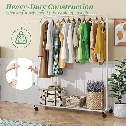 Simple Trending Standard Clothes Clothing Garment Rack with Storage Shelves, Rolling Clothes Organizer on Wheels for Hanging Clothes, White
