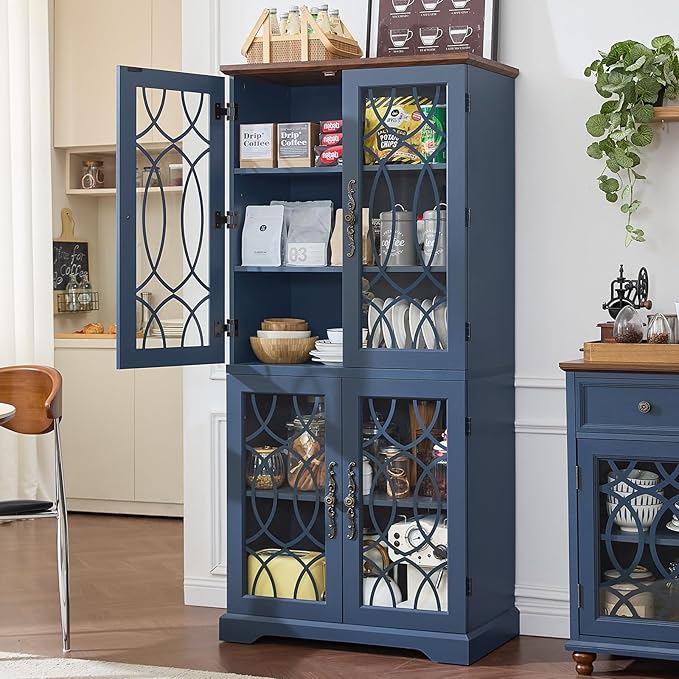 67" Tall Pantry Cabinet, Vintage Kitchen Pantries Cabinets with Glass Doors & Adjustable Shelves, Freestanding Wood Cupboard with Large Storage for Dingning Room, Bathroom, Navy Blue
