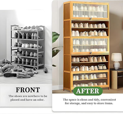 Tall Shoe Cabinet, 10 Tier Bamboo Shoe Rack with Doors, 40-45 Pairs Large Capacity Shoe Storage Cabinet Organizer, Narrow Shoe Shelf for Entryway, Hallway, Living Room