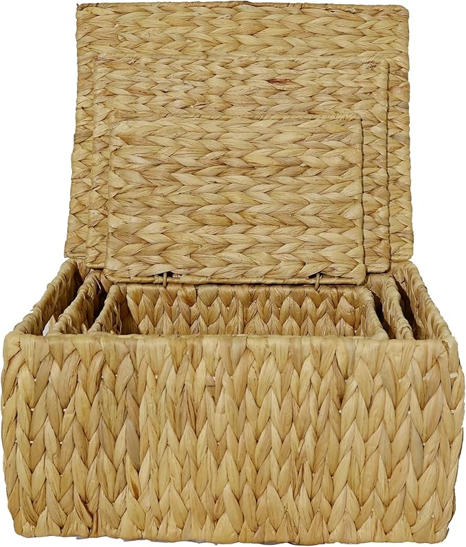 Natural Water Hyacinth Storage Baskets, 3-Piece Handwoven Nesting Organizer Set, Decorative Woven Containers for Bathroom, Kitchen, Living Room (3 Large Baskets with Lids)