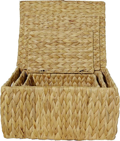 Natural Water Hyacinth Storage Baskets, 3-Piece Handwoven Nesting Organizer Set, Decorative Woven Containers for Bathroom, Kitchen, Living Room (3 Large Baskets with Lids)