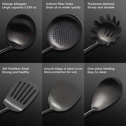 Stainless Steel Kitchen Utensils Set with Wood Handle, 18/10 Metal Cooking Utensils Set, 10 Piece - Spatula, Spoon, Ladle, Skimmer, Slotted Turners, Pasta,Turner, Ladl, Fork