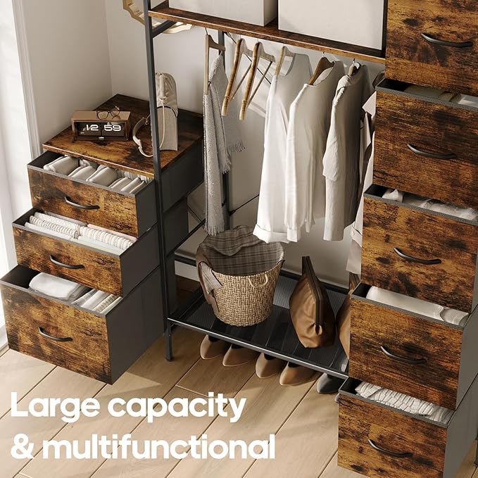 Garment Rack with Drawers, Freestanding Closet Organizer with Shelves, 55W*57.08H Heavy Duty Clothes Rack with Hanging Rod, Clothing Wardrobe Closet for Bedroom, Living Room, Entryway, Laundry Room