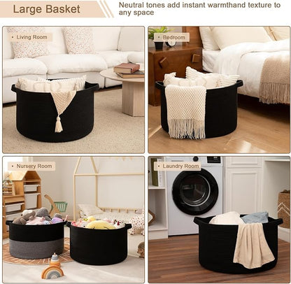 OIAHOMY 90L XXXLarge Blanket Basket for Living Room, 21.7" x 13.8" Woven Cotton Rope Laundry Basket for Organizing Pillows, Decorative Stuffed Animal Toy Storage for Nursery, Black