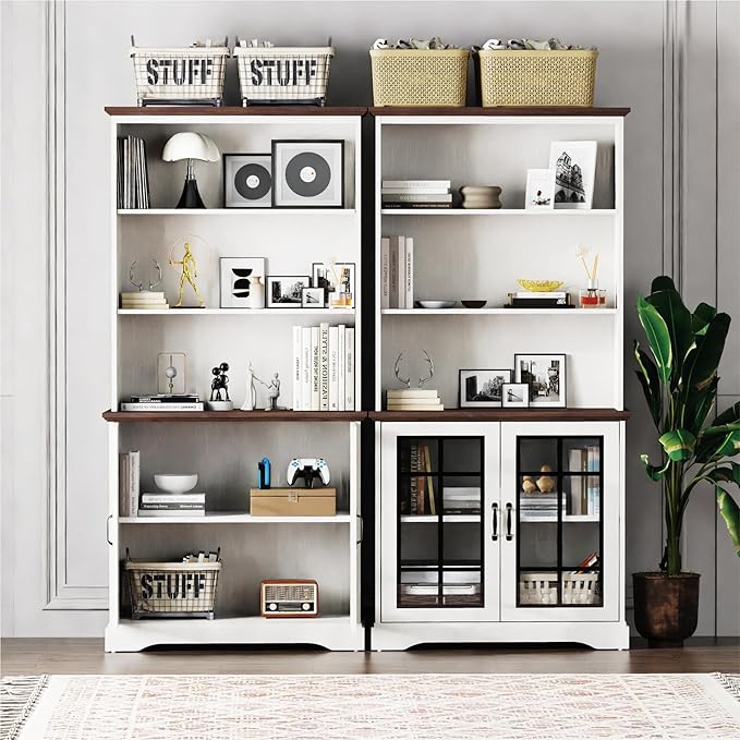 blini White Bookshelf with Glass Door, 5-Shelf Tall Bookcase, 15" Multi Depth Storage Cabinet with Adjustable Shelves, Large Bookcases for Home Office, Living Room & Bedroom