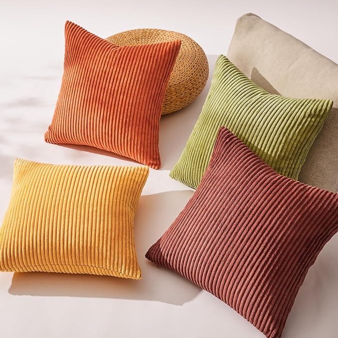 Topfinel Fall Burnt Orange Decorative Throw Pillows Covers 18x18 Inch Set of 4,Yellow Green Gradient Series Corduroy Striped Square Pillow Case,Western Modern Cushion Cover for Couch Sofa Bedroom