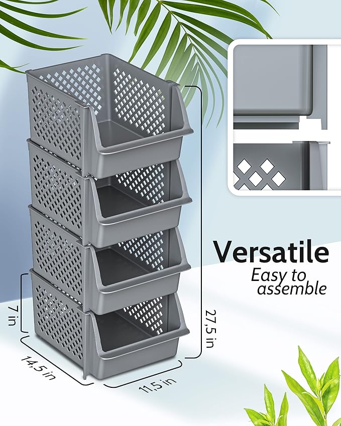 Skywin Stackable Storage Bins Open Front for Pantry Storage, 4 Pack - Grey | Sturdy Plastic, Easy Stacking, Open Front Access, Ventilated Sides, Vertical & Space Saving Pantry Organizers and Storage Bin