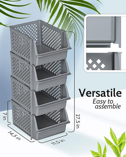 Skywin Stackable Storage Bins Open Front for Pantry Storage, 4 Pack - Grey | Sturdy Plastic, Easy Stacking, Open Front Access, Ventilated Sides, Vertical & Space Saving Pantry Organizers and Storage Bin