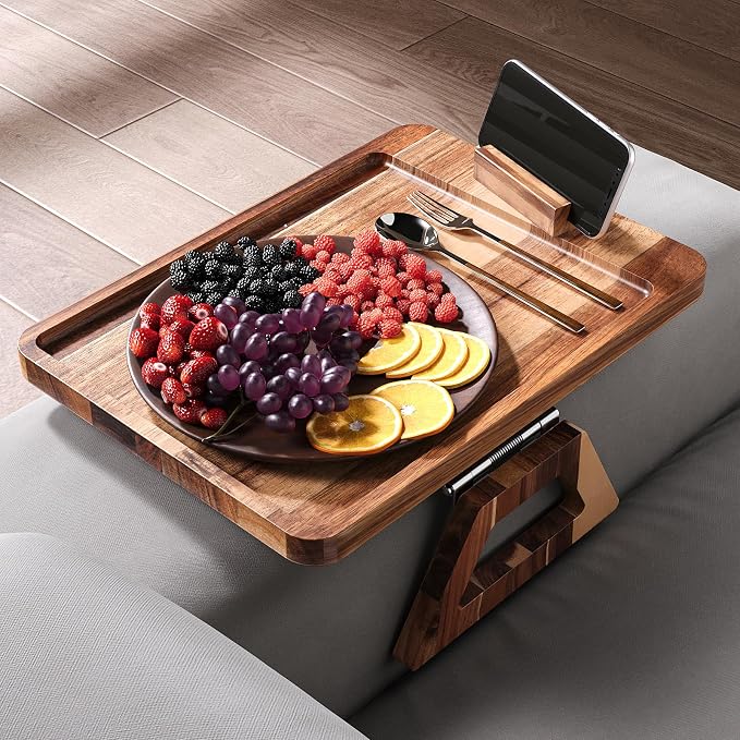 Acacia Wood Couch Arm Tray with 360°Phone Holder,Folding Sofa Armrest Tray,Couch Arm Table Clip-On Couch Desk for Drinks,Snacks,Phone,Remote Control