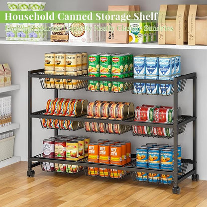 3-Tier Rolling Pantry Cart on Wheels with 9 Removable Baskets, Sturdy Pantry Floor Organizer and Storage, Kitchen Storage Cart for Fruit Vegetables, Snack Organizer for Pantry Kitchen Living Room