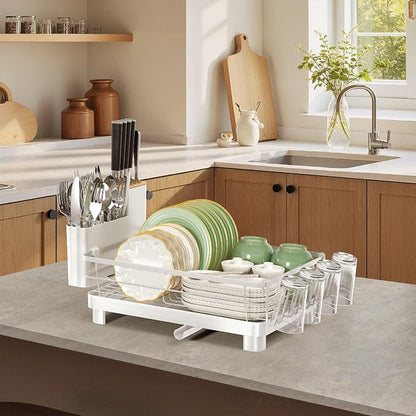 Runnatal Dish Drying Rack, Stainless Steel Dish Rack with Drainboard for Kitchen Counter and Sink, Detachable 2-in-1 Utensil Holder, Cup Holder, Large Capacity Dish Drainer, White