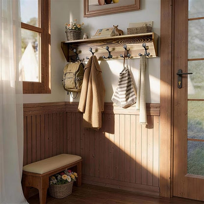 SKOLOO Wall Shelf with Hooks, 35-Inch Coat Rack Wall Mount with Shelf Organizer - Heavy Duty, 5 Tri Hooks - Perfect for Entryway, Hallway, Living Room, Bedroom, Mudroom, Wood Brown & Black
