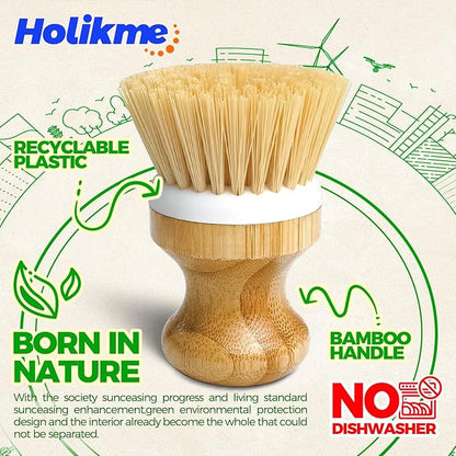 Holikme Bamboo Palm Brush Dish Brushes Vegetable Scrubber Round Natural Scrub Brush Cleaning Kit for Cleaning Saucepans, Pots, Pans and Vegetables, White Yellow Black