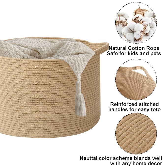 115L Extra Large Blanket Basket,Woven Rope Laundry Basket Hamper with Handles, Decorative Nursery Basket Storage Bin for Toys, Clothes Organizer, Living Room, Bedroom, Bathroom, Camel