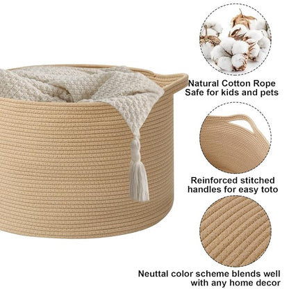 65L Large Blanket Basket,Woven Rope Laundry Basket Hamper with Handles,Decorative Nursery Basket Storage Bin for Toys, Pillows , Clothes Organizer, Living Room, Bedroom, Bathroom, Camel