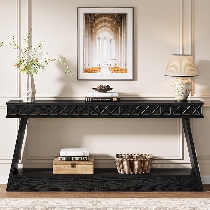 Tribesigns 70.9 Inch Extra Long Console Table, Wood Entryway Table with Storage, Narrow Long Sofa Tables Behind Couch, Farmhouse Style Entry Table for Living Room, Hallway, Entrance, Foyer, Black