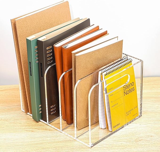 Acrylic Magazine File Holder, 5 Vertical Compartments Desk Document Sorter Organizer, Clear Folder Rack Binder for Office/Documents/Classroom, for Home, Tablet, Magazines, Books & Accessories
