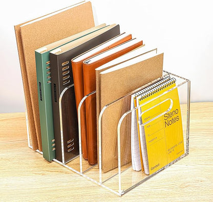 Acrylic Magazine File Holder, 5 Vertical Compartments Desk Document Sorter Organizer, Clear Folder Rack Binder for Office/Documents/Classroom, for Home, Tablet, Magazines, Books & Accessories