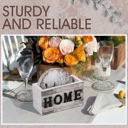 Queekay Coasters Set of 6 House Warming Gifts New Home Wooden Farmhouse Drink Coasters with Holder 4'' Funny Decoration for Kitchen Family Coffee Bar Tabletop Protection(Rust Color)