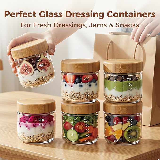 8oz Glass Jars with Airtight Lids - 3 Pack Overnight Oats Containers with Bamboo Lids, Small Food Containers with Measurement for Yogurt, Salad, Chia, Wide Mouth Mason Jar with Lid for Food Storage
