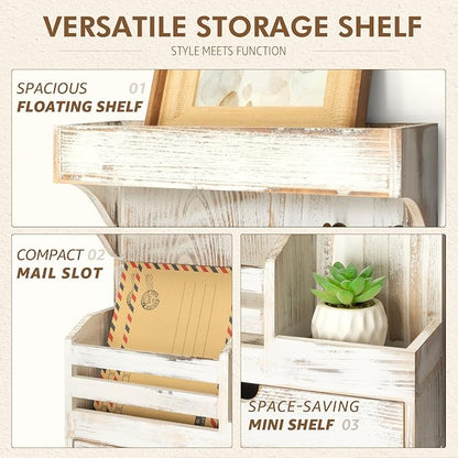 Rebee Vision Farmhouse Key Holder Wall Mount with Drawer Organizer – Pine Wooden Mail and Key Organizer for Wall with 6 Rustic Hooks & Floating Shelf – Chic Home Decor Accent (Whitewash)