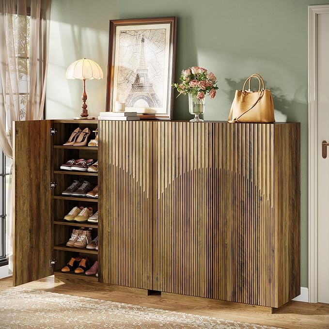 Tribesigns 7-Tier Shoe Cabinet with Fluted Doors, Farmhouse Wooden Shoe Storage Organizer with Adjustable Shelves, 24 Pairs Freestanding Shoe Rack for Entryway, Hallway, Closet, Rustic Brown