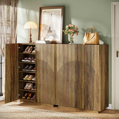 Tribesigns 7-Tier Shoe Cabinet with Fluted Doors, Farmhouse Wooden Shoe Storage Organizer with Adjustable Shelves, 24 Pairs Freestanding Shoe Rack for Entryway, Hallway, Closet, Rustic Brown