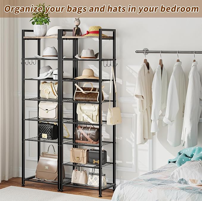 Simple Trending 8 Tiers Shoe Rack 16 Pairs Tall Wooden Plank Shoe Shelf with Hooks for Closet Entryway Organizer Sturdy Free Standing Shoe Storage Cabinet，Black