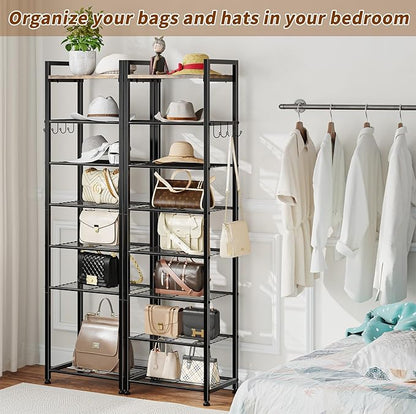Simple Trending 8 Tiers Shoe Rack 16 Pairs Tall Wooden Plank Shoe Shelf with Hooks for Closet Entryway Organizer Sturdy Free Standing Shoe Storage Cabinet，Black