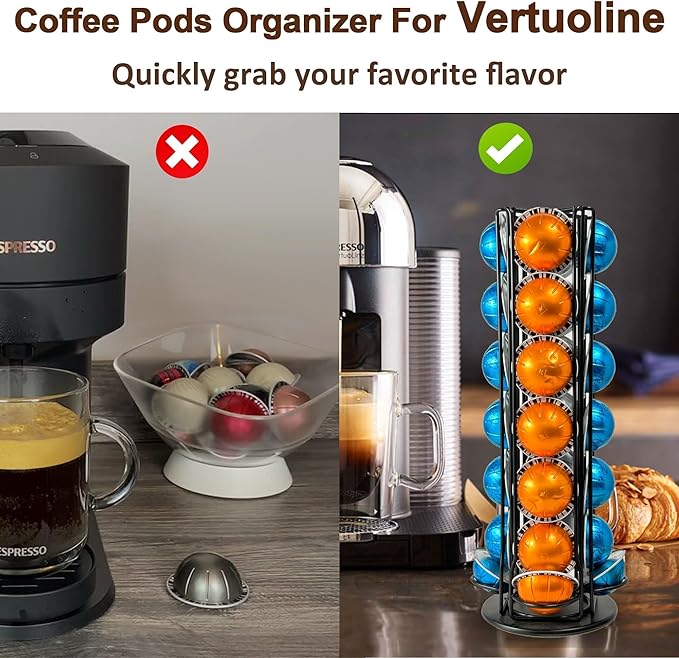 Vertuo Pod Holder Organizer for Nespresso, Holds 28 Pods, Lazy Susan Platform- Pinano Black, Ideal for Small Kitchens, Coffee Bars,Office break rooms- ONLY for Any VertuoLine Setup