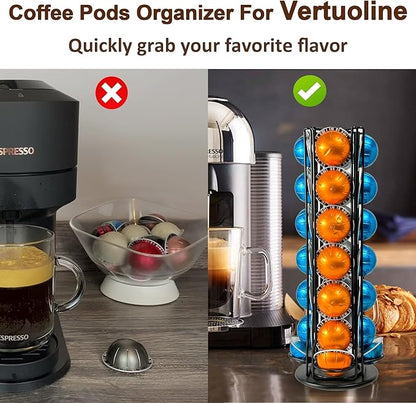 Vertuo Pod Holder Organizer for Nespresso, Holds 28 Pods, Lazy Susan Platform- Pinano Black, Ideal for Small Kitchens, Coffee Bars,Office break rooms- ONLY for Any VertuoLine Setup