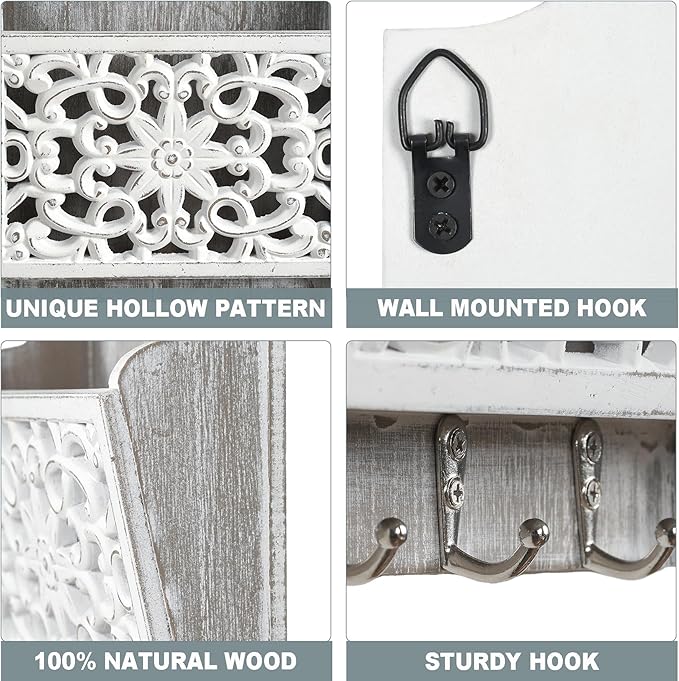 Key and Mail Holder for Wall Mail Holder for Wall, 2-Slot Mails Organizer with 3 Hooks, Key Hangers Rustic Wooden Walls Organizers for Letter Magazines
