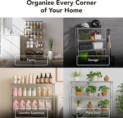 Displays By Jack 4 Tier Wire Shelving Unit Storage Rack, Metal Heavy Duty Utility Organization Units for Products Plant Standing Shelf, Pantry, Garage, Shelf Stand, Black, 14" W x 30" L X 48" H