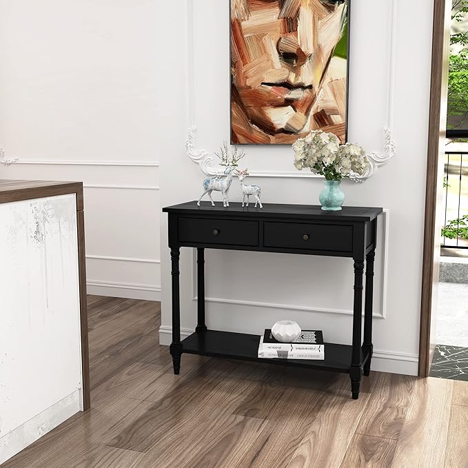 Solid Wood Console Table with 2 Drawers, 2-Tier 35.4" X 30" Accent Sofa Table with Multilayer Storage Shelf Rustic Hall Entryway Tables for Living Room Home Office-Black