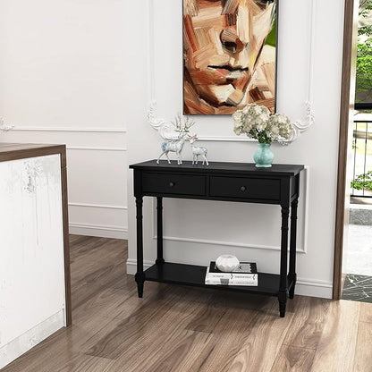 Solid Wood Console Table with 2 Drawers, 2-Tier 35.4" X 30" Accent Sofa Table with Multilayer Storage Shelf Rustic Hall Entryway Tables for Living Room Home Office-Black